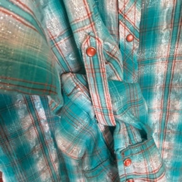 Ariat Fitted Western Shirt Womens Plaid Turquoise Copper Studded Blouse Sz XXL - Picture 6 of 10